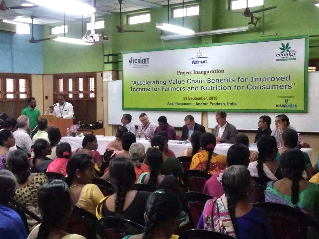 Project inauguration of the ICRISAT and Walmart Foundation Anantha Samruddhi programme, with farmers seated before the dais