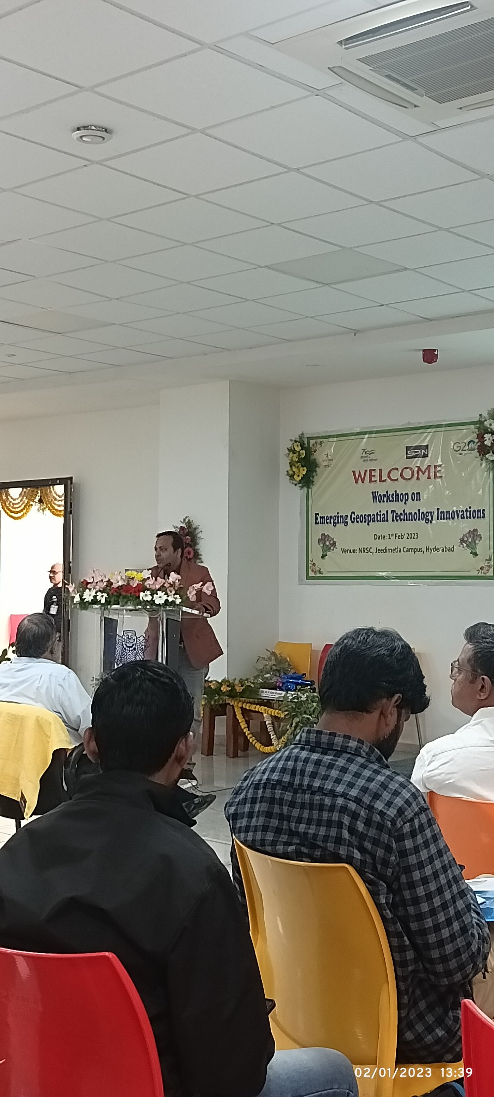 A speaker addressing the workshop on emerging geospatial technology innovations at the NRSC campus in Hyderabad